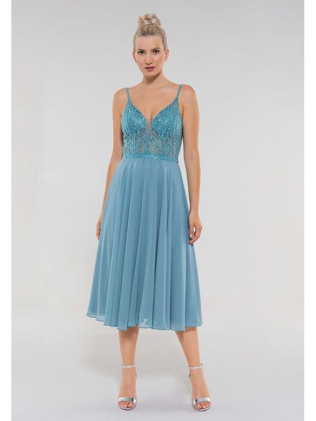 SWING Sukienka w kolorze turkusowym rozmiar: 42. Niebieskie sukienki Swing, bez wzorów, bez kołnierzyka, bez ramiączek, midi. Za 329.95 zł.