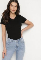 Czarny T-shirt z Bawełny z Trójkątnym Dekoltem Semiora. Czarne t-shirty Born2be, m, bez wzorów, z bawełny, bez kołnierzyka, bez ramiączek. Za 34.99 zł.