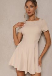 Beżowa Sukienka o Rozkloszowanym Kroju na Krótki Rękaw Zdobiona Przeszyciami Mepiza. Brązowe sukienki Renee, na spotkanie biznesowe, l, z aplikacjami, eleganckie, bez kołnierzyka, bez ramiączek, mini, rozkloszowane. Za 74.99 zł.
