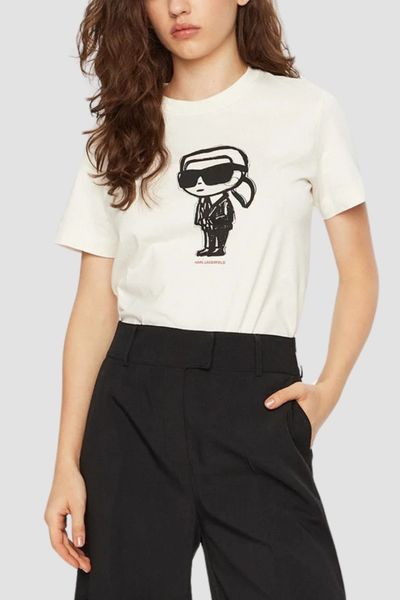 KARL LAGERFELD Beżowy damski t-shirt Ikon Sketch Karl, Rozmiar S. Brązowe t-shirty KARL LAGERFELD, s, bez wzorów, z materiału, bez kołnierzyka, bez ramiączek. W wyprzedaży za 208.99 zł.