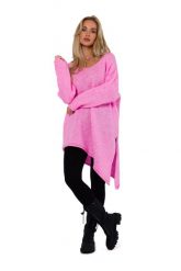 Asymetryczny Sweter Oversize - Różowy. Czerwone swetry MOE, uniwersalny, bez wzorów, z materiału, bez ramiączek. Za 246.90 zł.