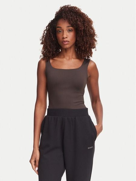 Guess Top V6YP18 K4788 Brązowy ciemny Slim Fit. Brązowe topy Guess, l, z aplikacjami, z syntetyku, bez kołnierzyka, bez ramiączek. Za 194.99 zł.