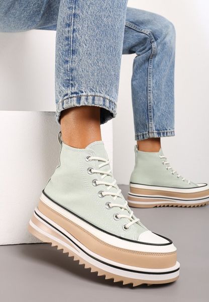 Jasnozielone Trampki na Wysokiej Platformie z Cholewką za Kostkę Anlitela. Zielone trampki Renee, bez wzorów, z jeansu, za kostkę, bez zapięcia. Za 99.99 zł.