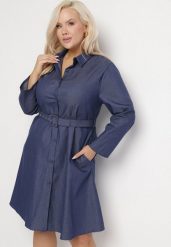 Granatowa Rozkloszowana Sukienka z Bawełną Koszulowa z Paskiem i Kieszeniami Lilsemi. Niebieskie sukienki Born2be, plus size, bez wzorów, z bawełny, bez kołnierzyka, plus size, bez ramiączek, midi, koszulowe. Za 109.99 zł.