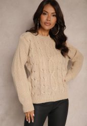 Ciemnobeżowy Sweter z Bawełną Ozdobiony Tłoczeniem Savariella. Brązowe swetry Renee, bez wzorów, z bawełny, bez ramiączek. Za 59.99 zł.