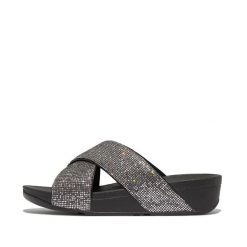 Sandały damskie FitFlop Lulu Cross Slide - Glitterball. Żółte sandały FIT FLOP, bez wzorów, z materiału, eleganckie, bez obcasa, bez zapięcia. Za 489.50 zł.