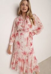 Różowa Zwiewna Sukienka z Długim Rękawem Falbanami i Wiązanym Paskiem Aezera. Czerwone sukienki Born2be, do pracy, l, bez wzorów, z jeansu, biznesowe, bez kołnierzyka, bez ramiączek, maxi, proste. Za 229.99 zł.