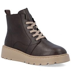 Skórzane botki damskie na klinie czekoladowe Rieker 70405-25. Brązowe botki Rieker, bez wzorów, ze skóry, bez obcasa, bez zapięcia. Za 399.00 zł.