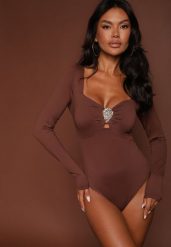 Brązowe Body z Metaliczną Ozdobą Aferriva. Brązowe body Renee, l, z aplikacjami. Za 89.99 zł.