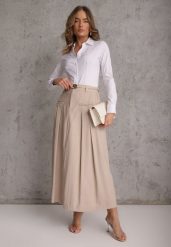 Beżowa Rozkloszowana Spódnica z Wiskozy Zdobiona Plisami i Paskiem Durklea. Brązowe spódnice Renee, na co dzień, l, z aplikacjami, z wiskozy, eleganckie, maxi, oversize. Za 129.99 zł.