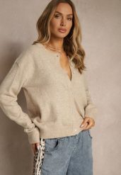 Beżowy Klasyczny Kardigan z Zaokrąglonym Dekoltem Reonira. Brązowe kardigany Renee, l, bez wzorów, z jeansu. Za 149.99 zł.