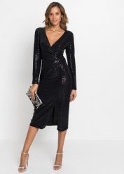 Dopasowana do figury sukienka z cekinami. Czarne sukienki bonprix, bez wzorów, eleganckie, bez kołnierzyka, bez ramiączek, dopasowane. Za 219.99 zł.