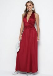 Bordowa Koktajlowa Sukienka z Marszczeniem Odkrytymi Plecami i Usztywnianymi Miseczkami Vamilina. Czerwone sukienki Born2be, na co dzień, m, bez wzorów, eleganckie, bez kołnierzyka, bez ramiączek, maxi, proste. Za 149.99 zł.