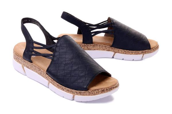 RIEKER V2368-14 blue, sandały damskie. Niebieskie sandały Rieker, bez wzorów, bez obcasa, na koturnie, bez zapięcia. Za 279.90 zł.