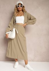 Ciemnozielony Casualowy Komplet 2-Częściowy Rozpinana Bluza i Spódnica z Kieszeniami na Klapy Lennira. Zielone bluzy Renee, l, bez wzorów, bez kaptura. Za 139.99 zł.