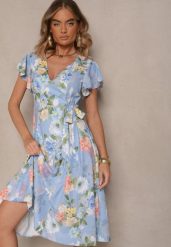 Jasnoniebieska Kopertowa Sukienka w Kwiaty Atesalia. Niebieskie sukienki Renee, na co dzień, na wiosnę, m, bez wzorów, eleganckie, bez kołnierzyka, bez ramiączek, midi, kopertowe. Za 84.99 zł.