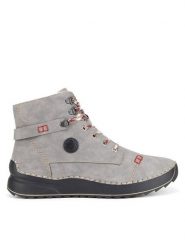 Rieker Botki 51544-64 Szary. Szare botki Rieker, bez wzorów, z materiału, bez obcasa, na płaskiej podeszwie, bez zapięcia. Za 279.00 zł.