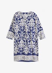 Sukienka tunikowa z lejącej wiskozy. Niebieskie sukienki bonprix, bez wzorów, z wiskozy, bez kołnierzyka, bez ramiączek. Za 124.99 zł.