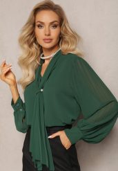 Ciemnozielona Bluzka z Wiązaniem wokół Szyi i Plisowanym Rękawem Henokia. Zielone bluzki Renee, bez wzorów, eleganckie, bez kołnierzyka, bez ramiączek. W wyprzedaży za 69.99 zł.
