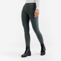 Legginsy jeździeckie damskie full grip - 500 zielone. Zielone legginsy FOUGANZA, s, bez wzorów, z lycry, z podwyższonym stanem, długie. Za 169.99 zł.