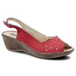 Sandały damskie Helios, skórzane ażurowe i zapinane sprzączką, czerwone, 605. Czerwone sandały Helios, w ażurowe wzory, ze skóry, bez obcasa, na koturnie, bez zapięcia. Za 129.00 zł.