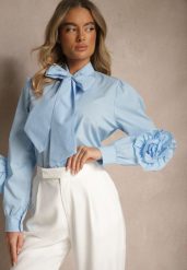 Niebieska Koszula z Elegancką Kokardą i Falbanami Zaliressa. Niebieskie koszule Renee, bez wzorów, eleganckie, bez kołnierzyka, bez ramiączek. Za 99.99 zł.