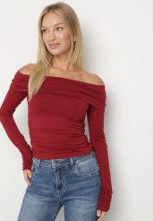 Bordowa Bluzka Hiszpanka Vices z Marszczeniem w Talii i przy Rękawach Temile. Czerwone bluzki Born2be, l, bez wzorów, z jeansu, eleganckie, bez kołnierzyka, bez ramiączek. Za 69.99 zł.