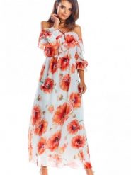 Sukienka Model A311 Red Flowers - awama. Czerwone sukienki Awama, xxl, z aplikacjami, z elastanu, bez kołnierzyka, bez ramiączek, maxi. Za 396.72 zł.