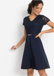 Sukienka mini z koronką i paskiem. Niebieskie sukienki bonprix, bez wzorów, z koronki, eleganckie, bez kołnierzyka, bez ramiączek, mini. Za 144.99 zł.
