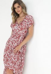 Czerwona Bawełniana Sukienka w Kwiatki z Gumką w Talii i Guzikami Ronalika. Czerwone sukienki Born2be, na co dzień, l, z aplikacjami, z bawełny, eleganckie, bez kołnierzyka, bez ramiączek, midi, rozkloszowane. Za 44.99 zł.