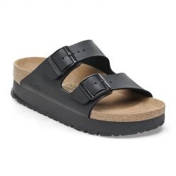 Klapki damskie Birkenstock Arizona Pap Flex Platform. Czarne klapki Birkenstock, bez wzorów, z materiału, bez obcasa. Za 493.00 zł.