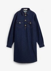 Sukienka dżinsowa. Niebieskie sukienki bonprix, bez wzorów, bez kołnierzyka, bez ramiączek, mini. Za 149.99 zł.