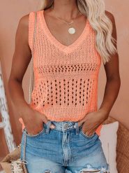 Milan Kiss Top dzianinowy w kolorze brzoskwiniowym rozmiar: XL. Pomarańczowe topy Milan Kiss, xl, bez wzorów, z dzianiny, bez kołnierzyka, bez ramiączek. Za 37.30 zł.