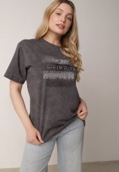 Ciemnoszary T-shirt z Bawełny o Kroju Oversize z Napisem Orinvyra. Szare t-shirty Born2be, m, bez wzorów, z bawełny, bez kołnierzyka, bez ramiączek. Za 59.99 zł.