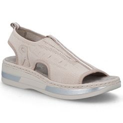 Sandały damskie na platformie wsuwane różowe Rieker V59B5-31. Czerwone sandały Rieker, bez wzorów, z tkaniny, bez obcasa, na platformie, bez zapięcia. Za 319.00 zł.