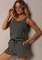Czarne Szorty Dresowe High Waist z Bawełny w Paski Ściągane Troczkiem Celisea. Czarne szorty Renee, bez wzorów, z bawełny, eleganckie, z podwyższonym stanem. Za 64.99 zł.