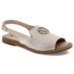 Złote Sandały Armodo Eleganckie Obuwie Damskie. Żółte sandały Armodo, z aplikacjami, ze skóry, eleganckie, bez obcasa, bez zapięcia. Za 289.00 zł.