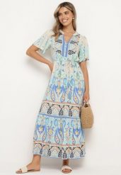 Niebieska Wiskozowa Sukienka Boho Zapinana na Guziki z Materiałowym Paskiem w Talii Dimovana. Niebieskie sukienki Born2be, na co dzień, l, z aplikacjami, z materiału, boho, bez kołnierzyka, bez ramiączek, maxi, proste. Za 109.99 zł.