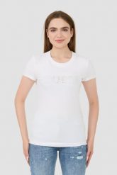 GUESS Biały damski t-shirt Sangallo Tee, Rozmiar M. Białe t-shirty Guess, m, z aplikacjami, bez kołnierzyka, bez ramiączek. W wyprzedaży za 149.99 zł.