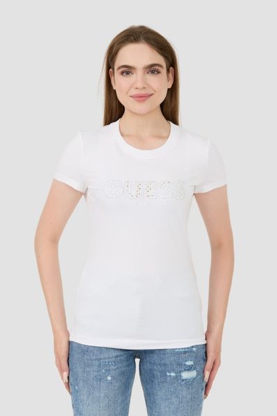 GUESS Biały damski t-shirt Sangallo Tee, Rozmiar M. Białe t-shirty Guess, m, z aplikacjami, bez kołnierzyka, bez ramiączek. W wyprzedaży za 127.99 zł.