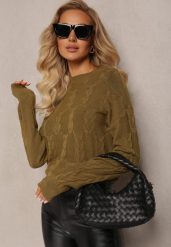 Ciemnozielony Warkoczowy Sweter z Długim Rękawem i Ściągaczami Kaviss. Zielone swetry Renee, bez wzorów, z dzianiny, bez ramiączek. Za 84.99 zł.