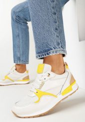 Biało-Żółte Sneakersy z Cholewką przed Kostkę i Ozdobnymi Przeszyciami Elsinaine. Białe obuwie sportowe Born2be, przed kostkę, bez zapięcia. Za 84.99 zł.