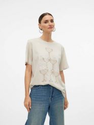 Vero Moda Koszulka "Ezra" w kolorze beżowym rozmiar: M. Brązowe bluzki Vero Moda, m, bez wzorów, z bawełny, bez kołnierzyka, bez ramiączek. Za 70.08 zł.