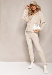 Jasnobeżowy Welurowy Komplet Dresowy Bluza z Kapturem i Proste Spodnie Arislo. Brązowe bluzy Renee, l, bez wzorów, z dresówki, z kapturem. Za 74.99 zł.