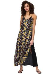 Aller Simplement Sukienka w kolorze czarno-żółto-bordowym rozmiar: 34-40. Czarne sukienki Aller Simplement, bez wzorów, z wiskozy, bez kołnierzyka, bez ramiączek, maxi. Za 69.99 zł.