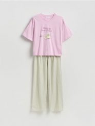 Dwuczęściowa piżama z bawełny - jasnozielony. Zielone piżamy Reserved, bez wzorów, z bawełny, bez ramiączek. Za 129.99 zł.