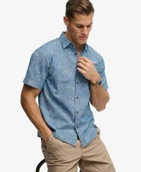 Superdry Koszula Vintage Loom krótki rękaw z organicznej bawełny. Niebieskie koszule Superdry, xl, bez wzorów, z bawełny, vintage, bez kołnierzyka, bez ramiączek. Za 301.95 zł.
