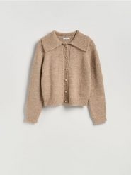 Kardigan z kołnierzem - beżowy. Brązowe kardigany Reserved, l, bez wzorów, z dzianiny. Za 139.99 zł.
