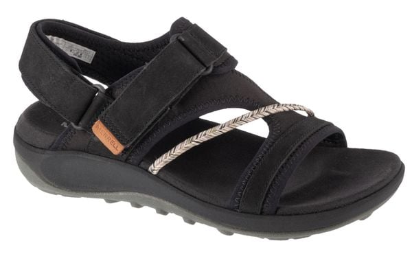 Sandały damskie, Terran 4 Backstrap W Sandal. Czarne sandały Merrell, bez wzorów, z materiału, sportowe, bez obcasa, bez zapięcia. Za 487.75 zł.