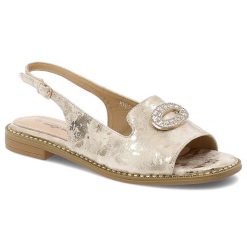 Sandały damskie S.Barski, cholewka ze skóry ekologicznej na płaskiej podeszwie, złote, KV61-6040. Żółte sandały S.BARSKI, bez wzorów, ze skóry ekologicznej, eleganckie, bez obcasa, na płaskiej podeszwie, bez zapięcia. Za 129.00 zł.